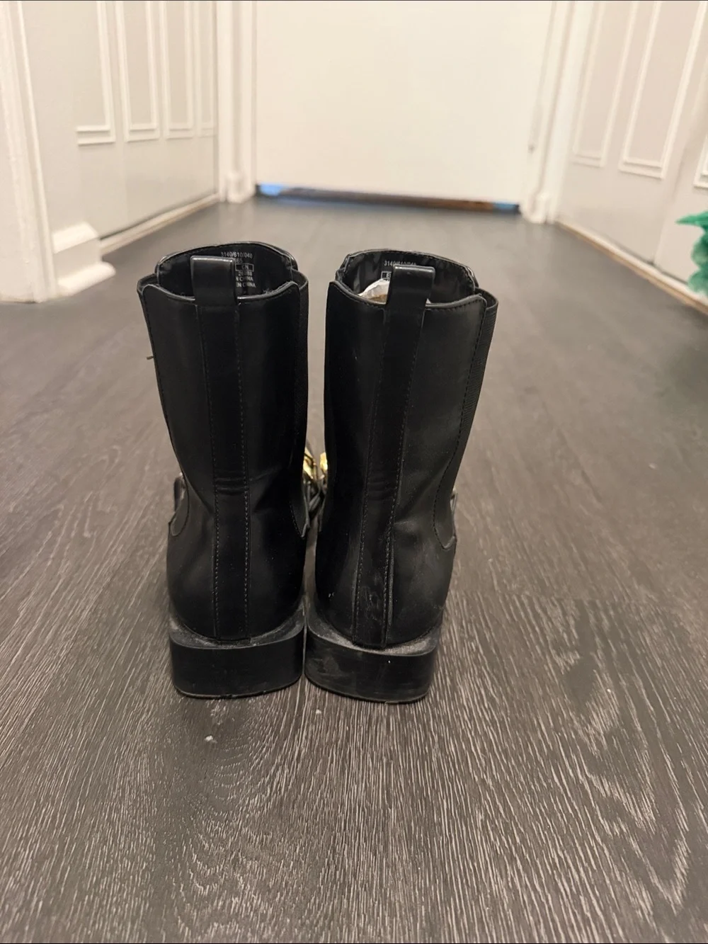 Black Leather Ankle Boots with Gold Chain